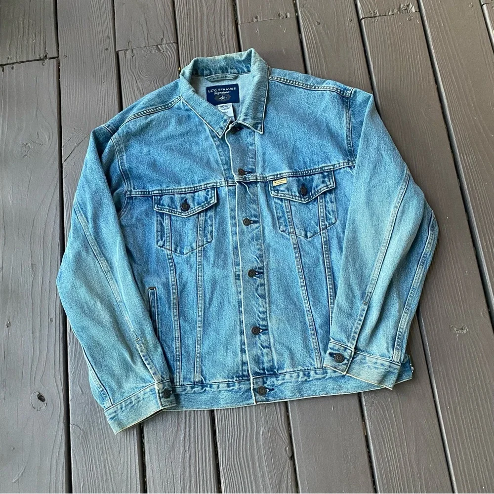 Levi Strauss Signature Mens XL Denim Trucker Jacket Blue Jean Biker Workwear - Picture 14 of 14